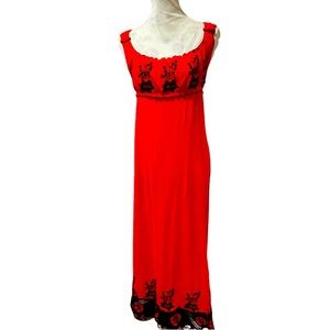 *BCBG Max Azria Spanish inspired red w/black embroidery maxi dress, square neck.